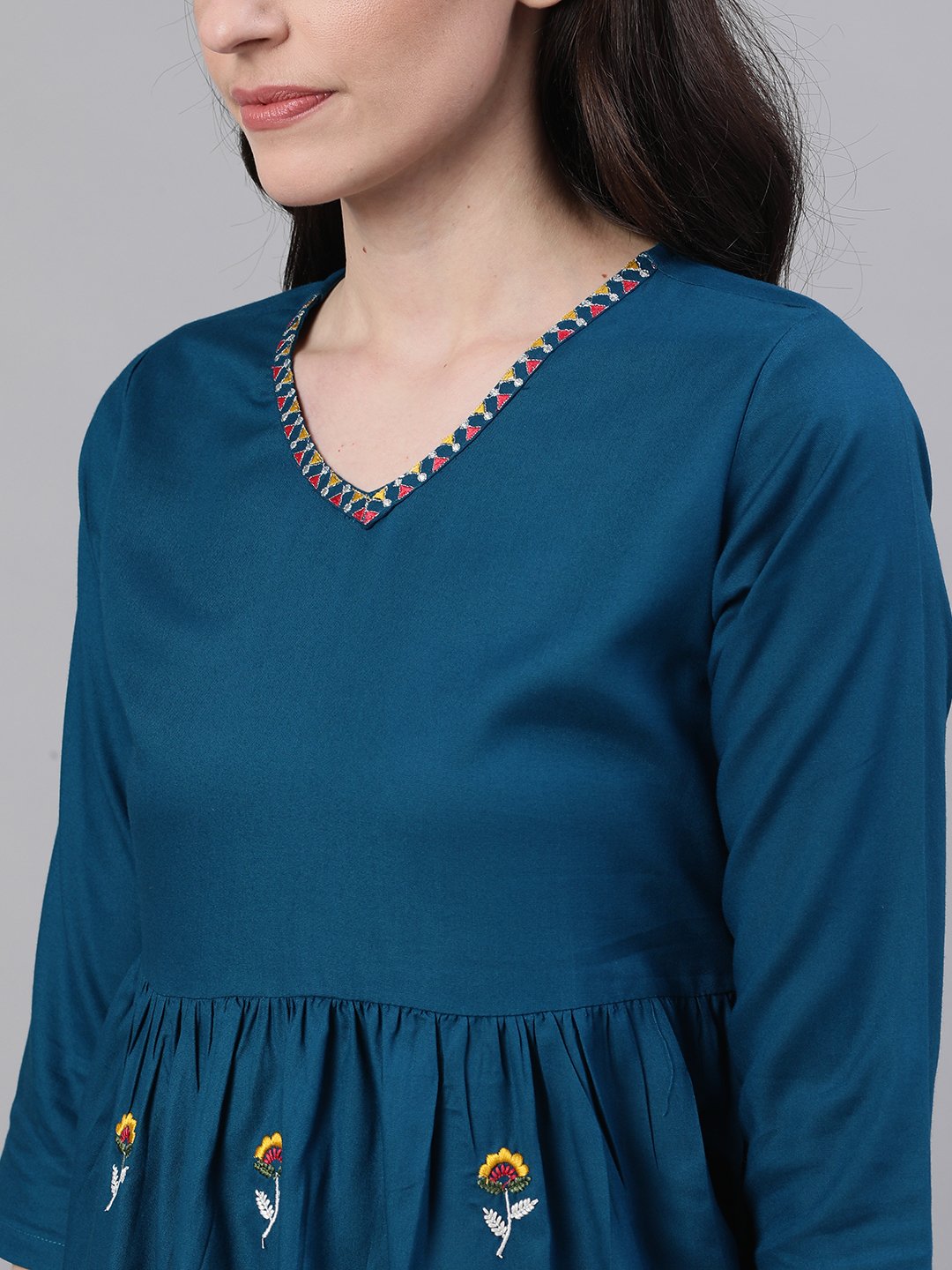 Women's Teal Blue Three-Quarter Sleeves Gathered Or Pleated Top