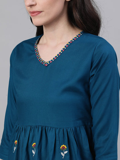 Women's Teal Blue Three-Quarter Sleeves Gathered Or Pleated Top