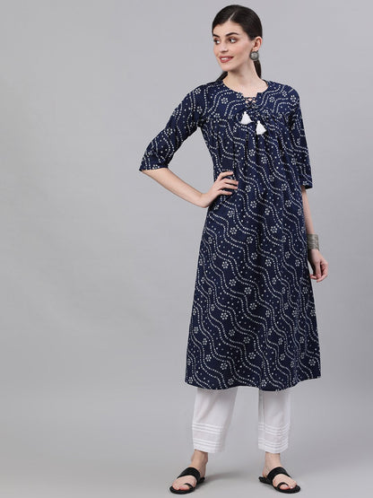 Women's Navy Blue Three-Quarter Sleeves Flared Kurta With Palazzo