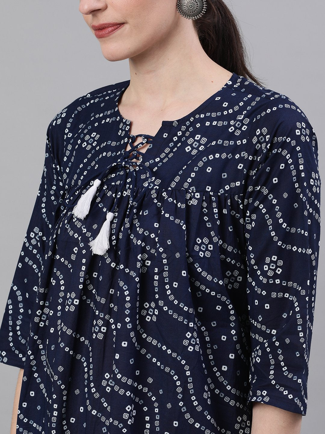 Women's Navy Blue Three-Quarter Sleeves Flared Kurta With Palazzo