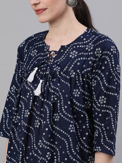 Women's Navy Blue Three-Quarter Sleeves Flared Kurta With Palazzo