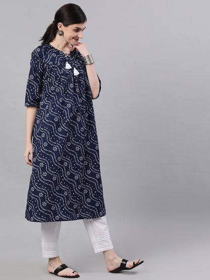 Women's Navy Blue Three-Quarter Sleeves Flared Kurta With Palazzo