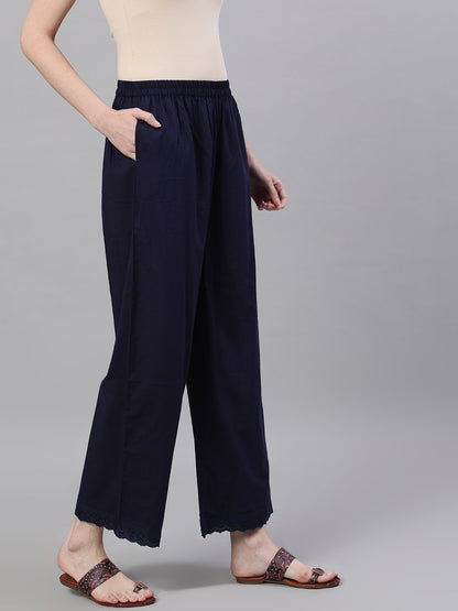 Women's Navy Blue Trouser With Lace Detailing