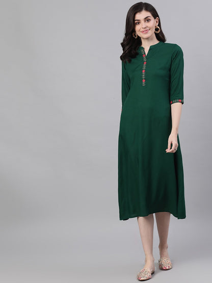 Women's Green Solid Solid Mandarin Collar Viscose Rayon A-Line Dress