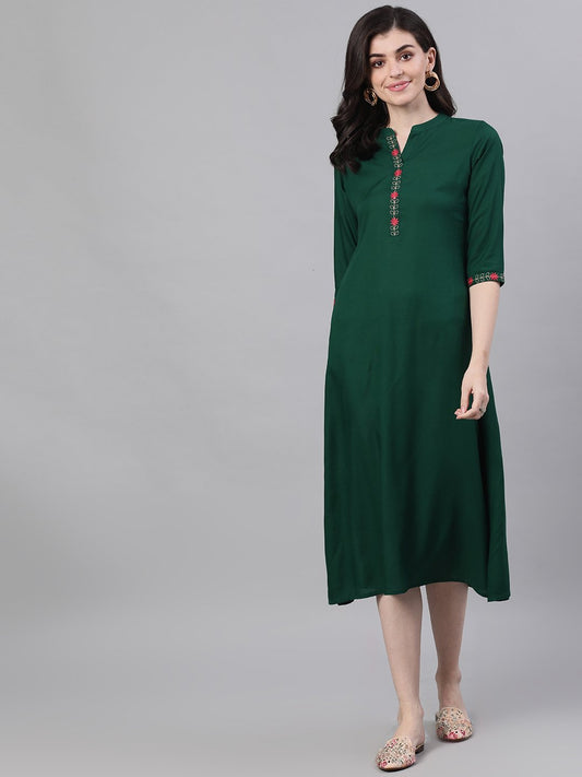Women's Green Solid Solid Mandarin Collar Viscose Rayon A-Line Dress