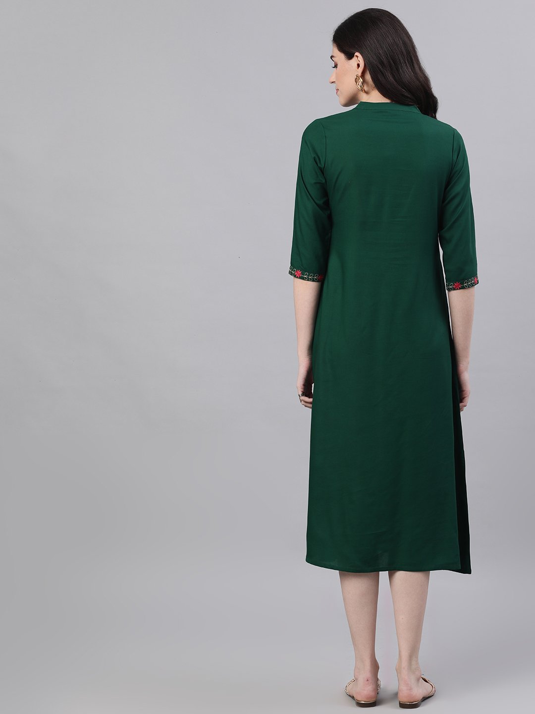 Women's Green Solid Solid Mandarin Collar Viscose Rayon A-Line Dress