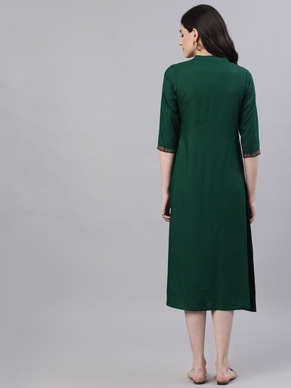 Women's Green Solid Solid Mandarin Collar Viscose Rayon A-Line Dress