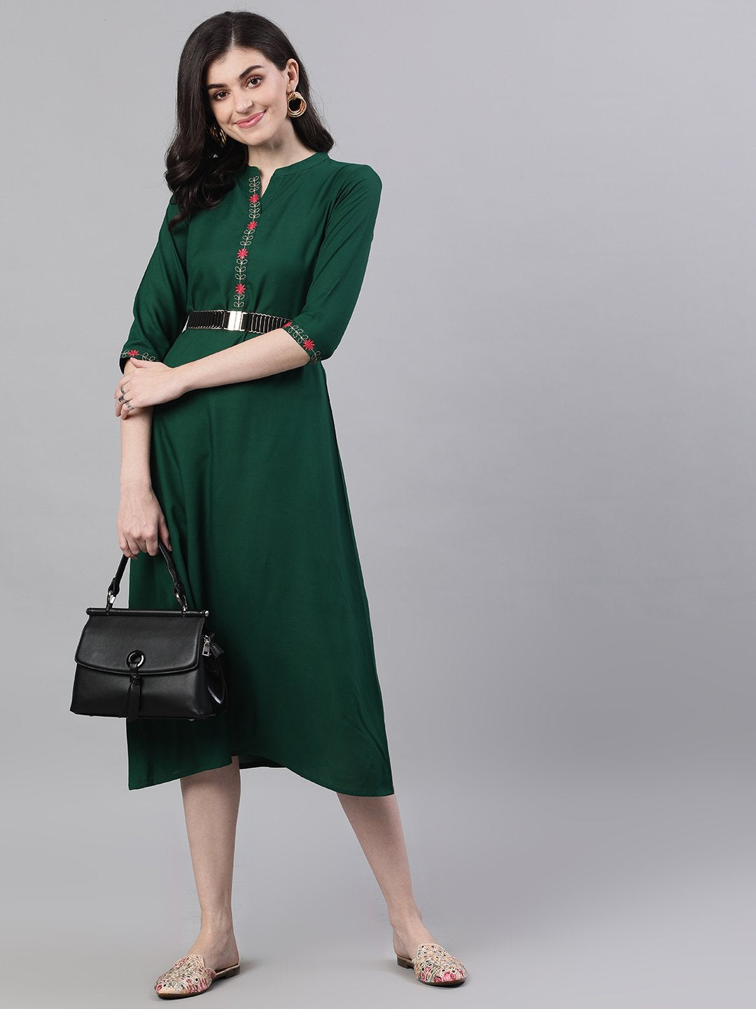 Women's Green Solid Solid Mandarin Collar Viscose Rayon A-Line Dress