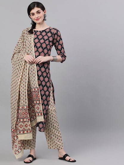 Women's Black Three-Quarter Sleeves Straight Kurta Palazzo With Dupatta