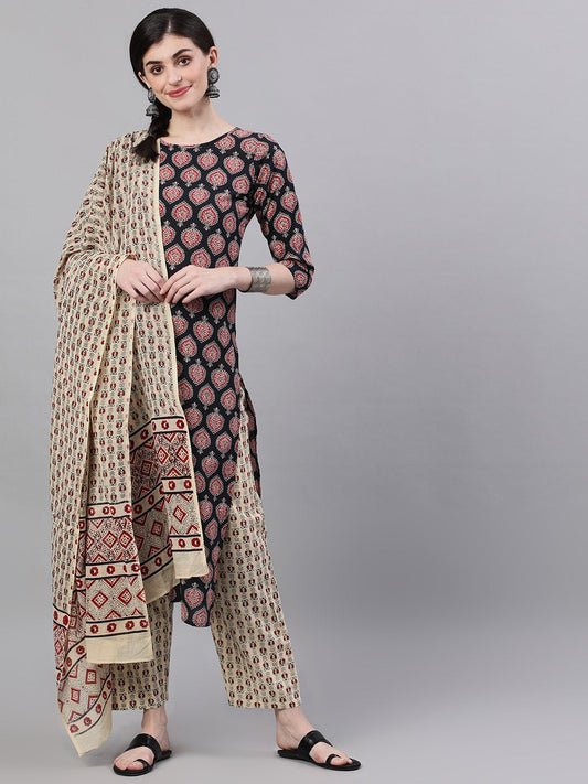 Women's Black Three-Quarter Sleeves Straight Kurta Palazzo With Dupatta