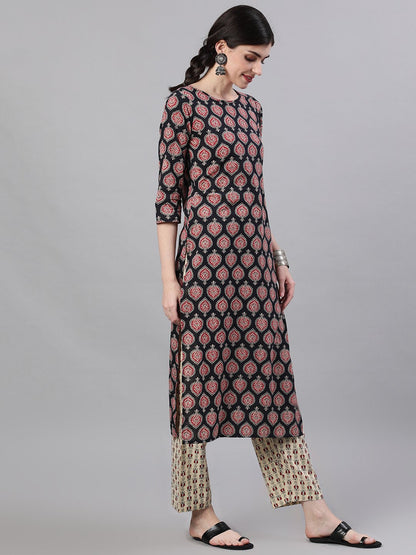 Women's Black Three-Quarter Sleeves Straight Kurta Palazzo With Dupatta