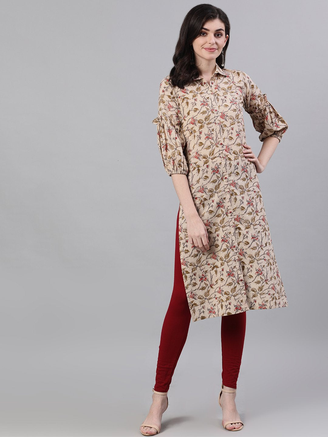 Women's Beige Calf Length Three-Quarter Sleeves Straight Floral Printed Cotton Kurta