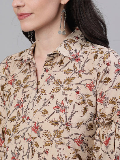Women's Beige Calf Length Three-Quarter Sleeves Straight Floral Printed Cotton Kurta