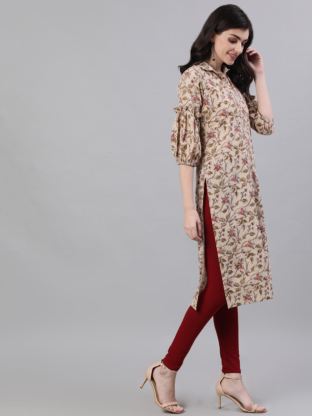 Women's Beige Calf Length Three-Quarter Sleeves Straight Floral Printed Cotton Kurta