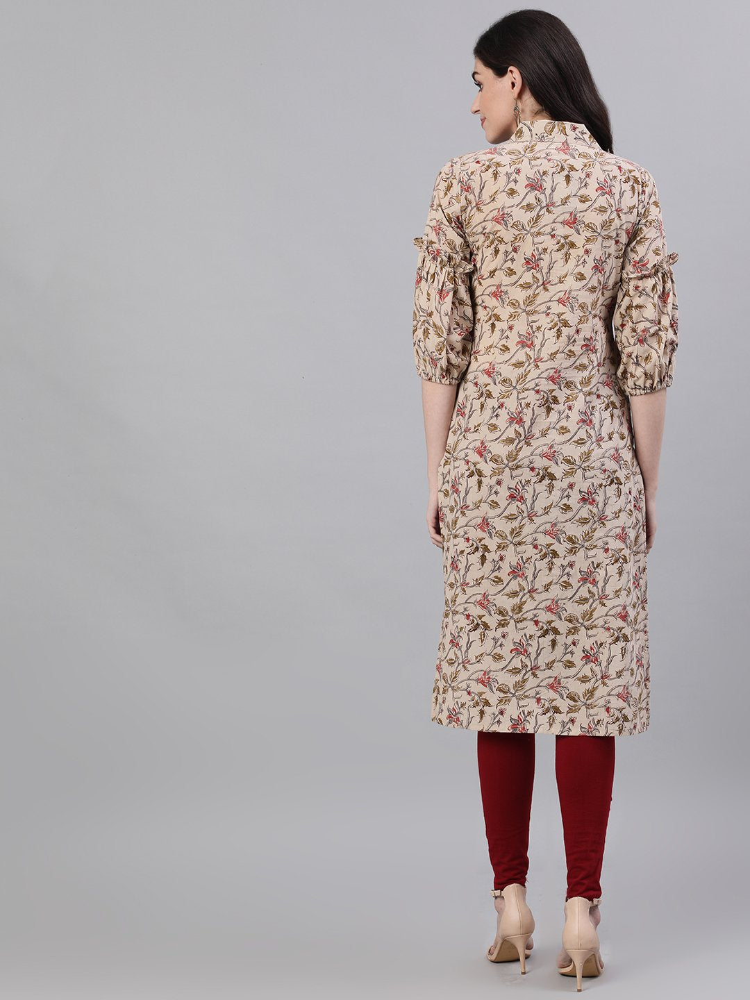 Women's Beige Calf Length Three-Quarter Sleeves Straight Floral Printed Cotton Kurta