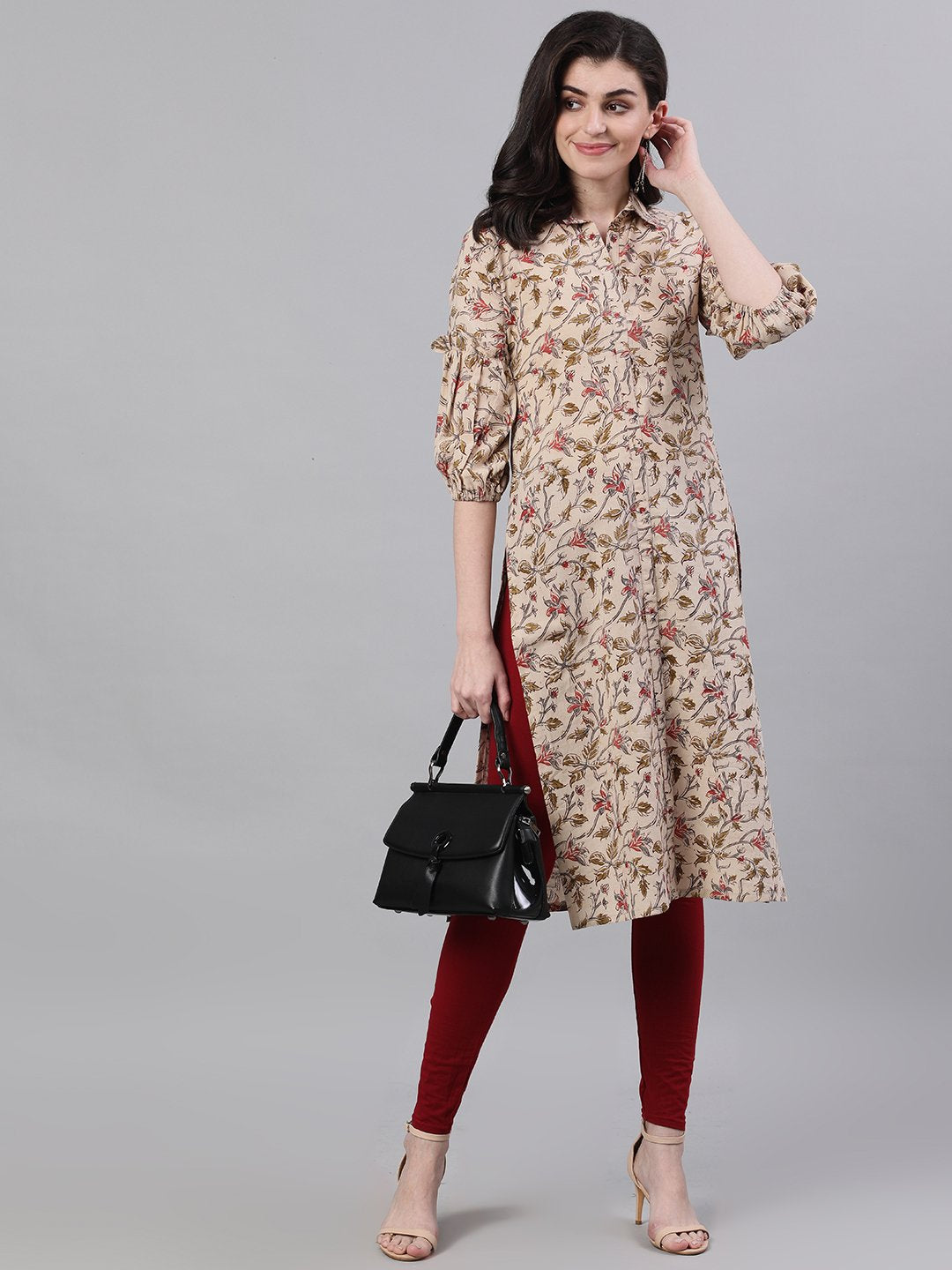 Women's Beige Calf Length Three-Quarter Sleeves Straight Floral Printed Cotton Kurta