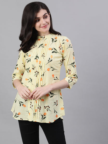 Women's Yellow Floral Print Pin-Tuck Tunic