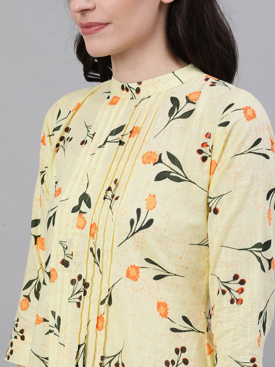 Women's Yellow Floral Print Pin-Tuck Tunic