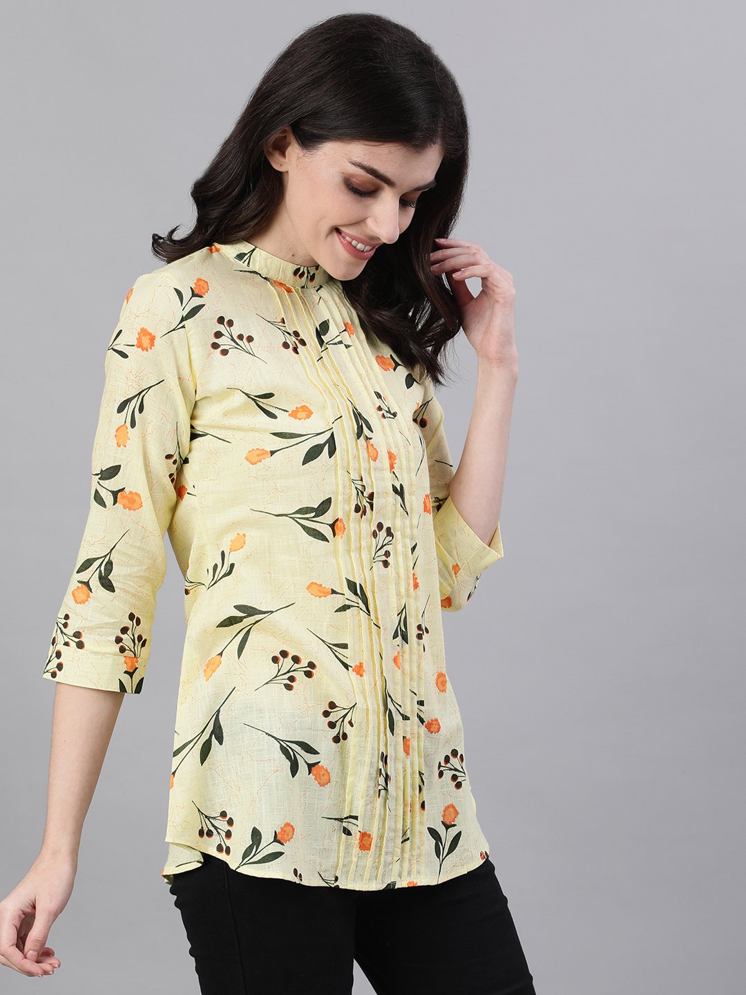 Women's Yellow Floral Print Pin-Tuck Tunic