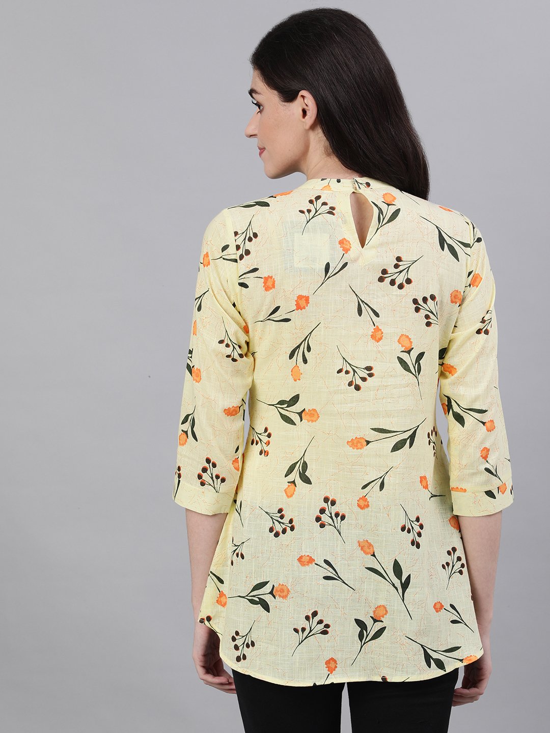 Women's Yellow Floral Print Pin-Tuck Tunic