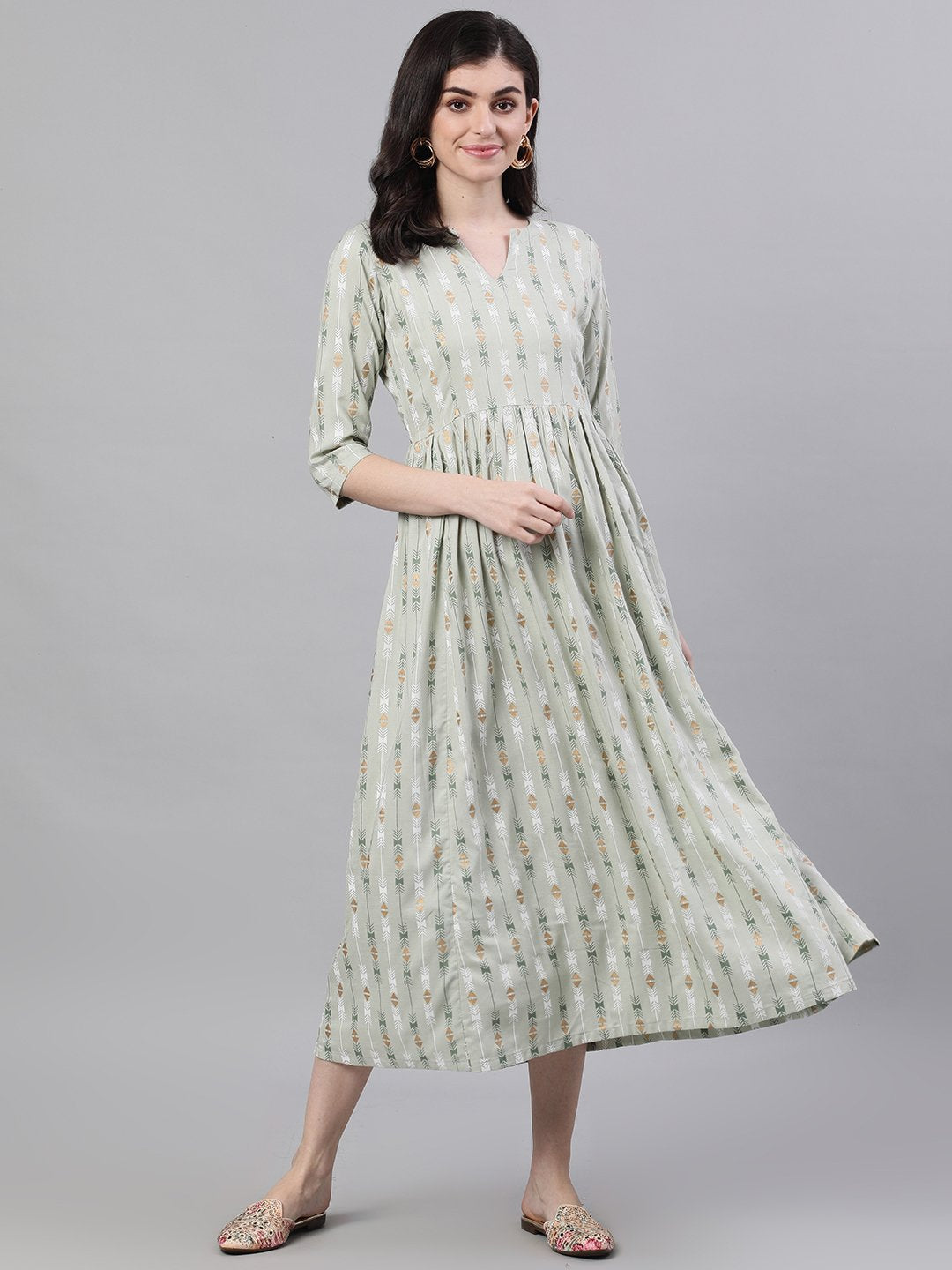 Women's Sage Green Geometric Printed V-Neck Viscose Rayon Fit And Flare Dress