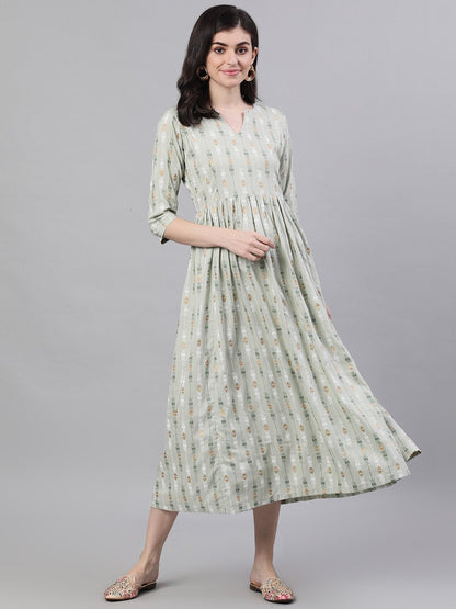 Women's Sage Green Geometric Printed V-Neck Viscose Rayon Fit And Flare Dress