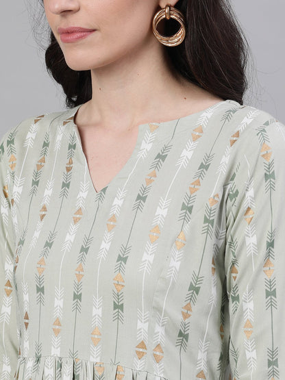 Women's Sage Green Geometric Printed V-Neck Viscose Rayon Fit And Flare Dress