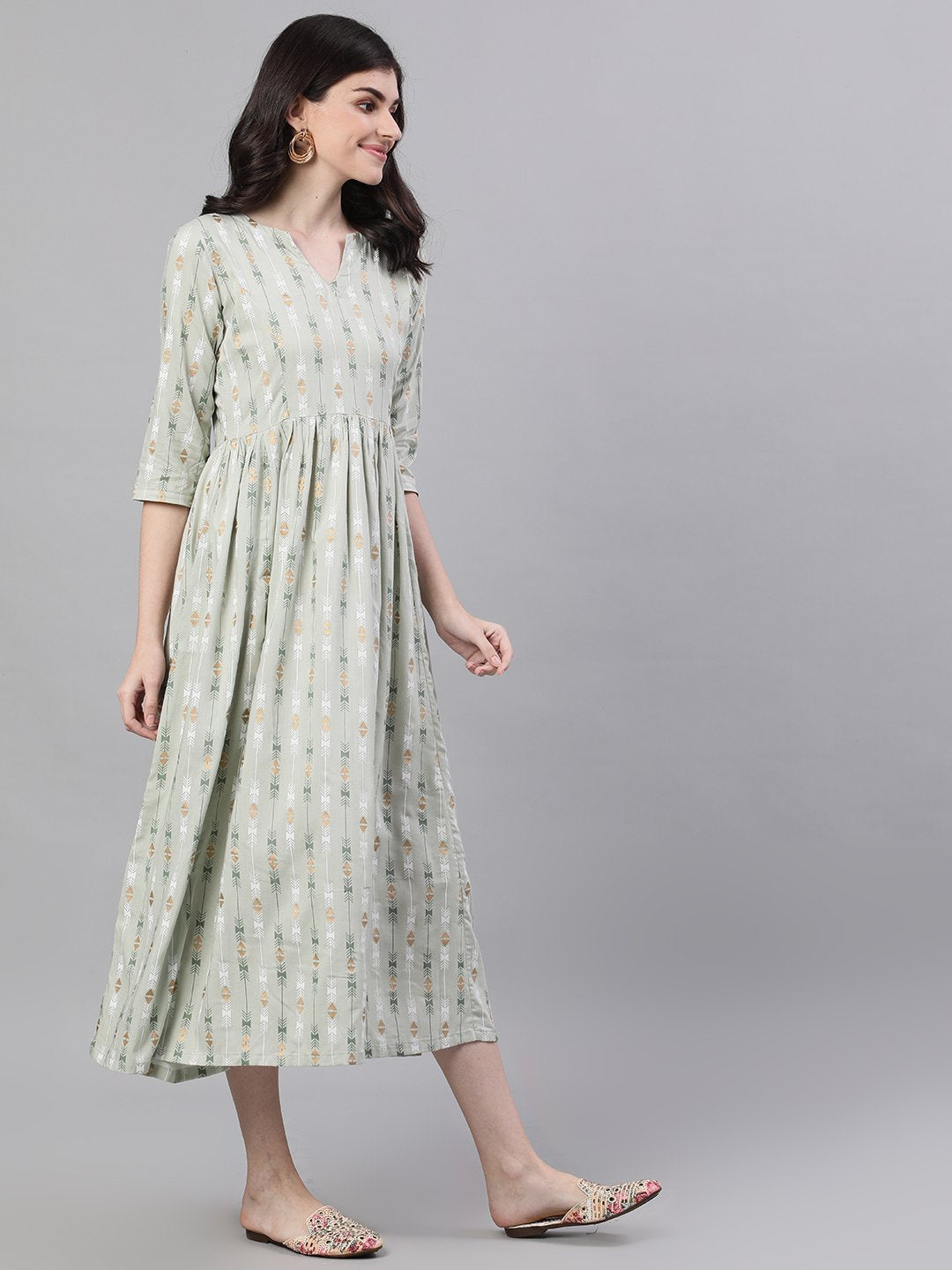 Women's Sage Green Geometric Printed V-Neck Viscose Rayon Fit And Flare Dress