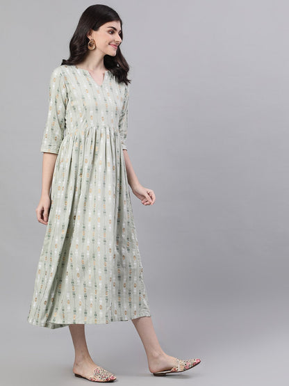 Women's Sage Green Geometric Printed V-Neck Viscose Rayon Fit And Flare Dress