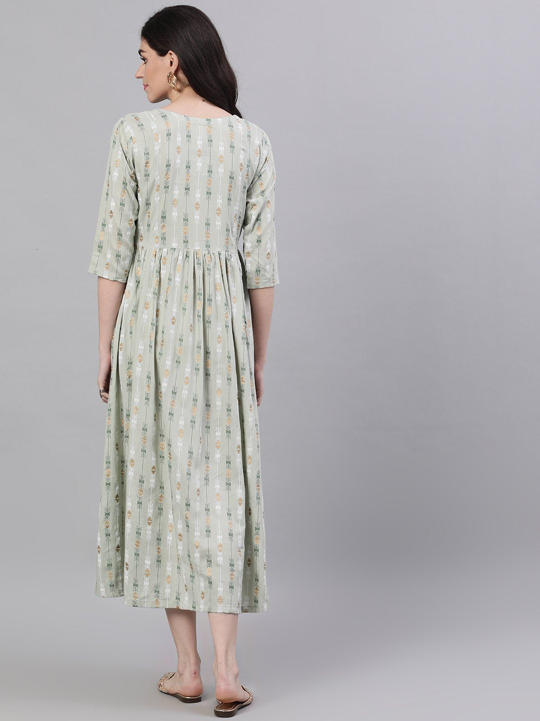 Women's Sage Green Geometric Printed V-Neck Viscose Rayon Fit And Flare Dress