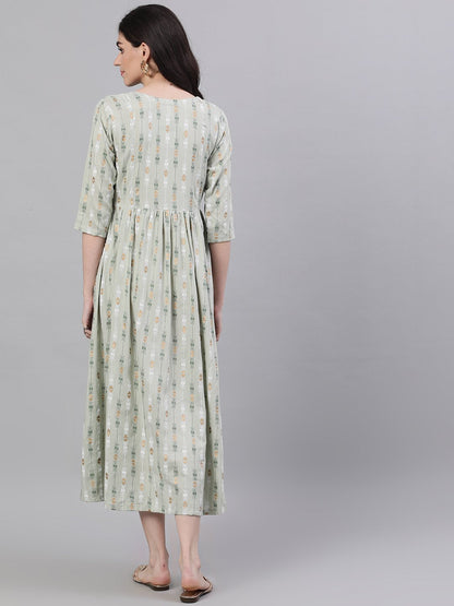 Women's Sage Green Geometric Printed V-Neck Viscose Rayon Fit And Flare Dress