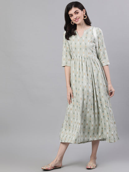 Women's Sage Green Geometric Printed V-Neck Viscose Rayon Fit And Flare Dress
