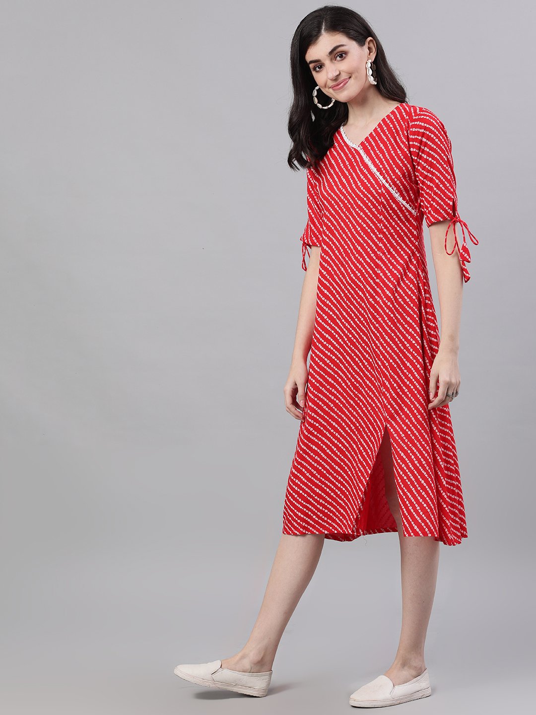 Women's Red Striped Striped V-Neck Viscose Rayon A-Line Dress