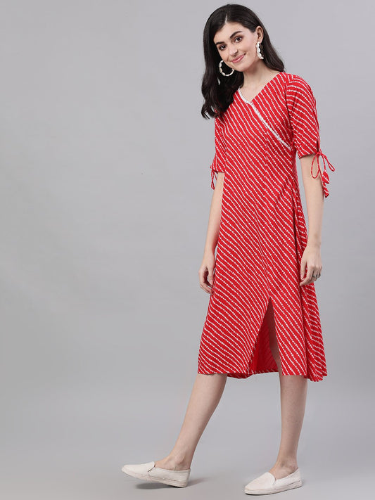 Women's Red Striped Striped V-Neck Viscose Rayon A-Line Dress