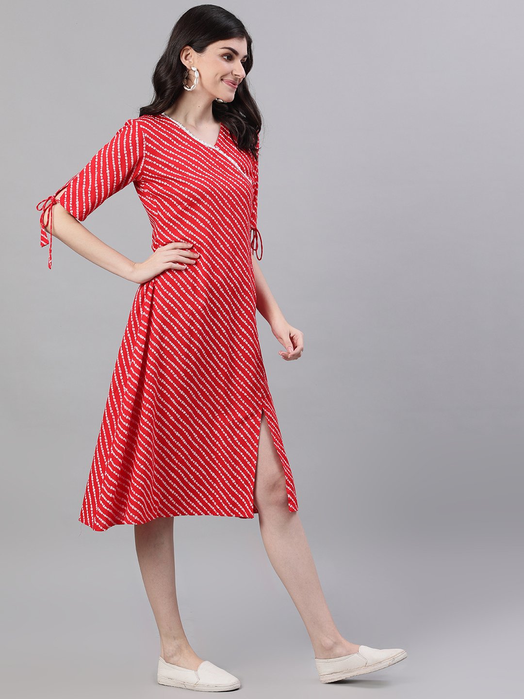 Women's Red Striped Striped V-Neck Viscose Rayon A-Line Dress