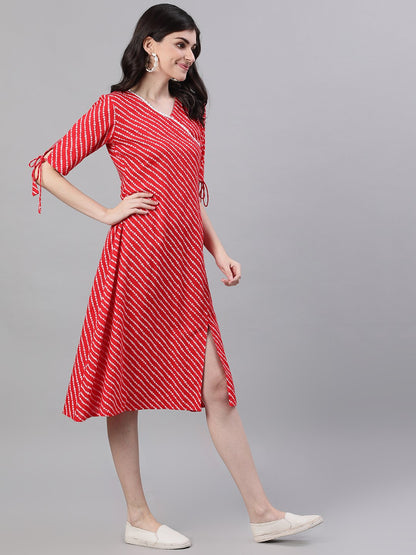 Women's Red Striped Striped V-Neck Viscose Rayon A-Line Dress