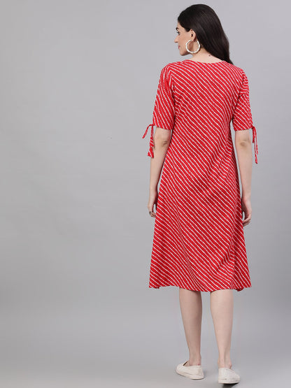 Women's Red Striped Striped V-Neck Viscose Rayon A-Line Dress