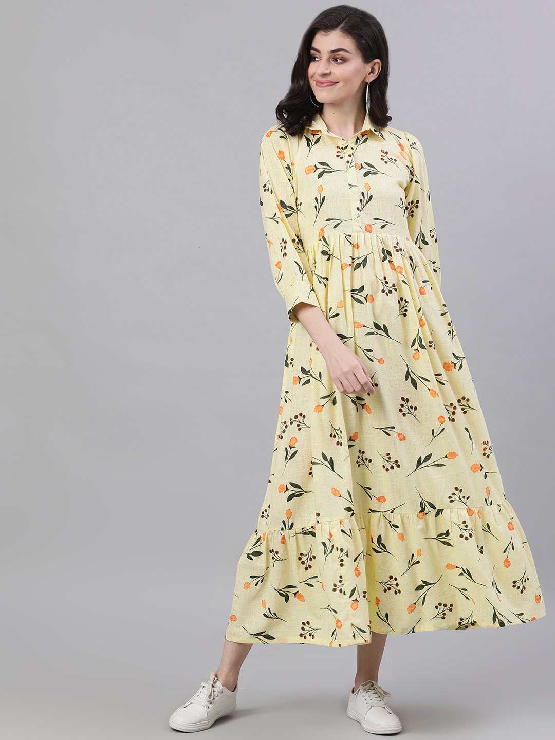 Women's Yellow Floral Printed Shirt Collar Cotton A-Line Dress