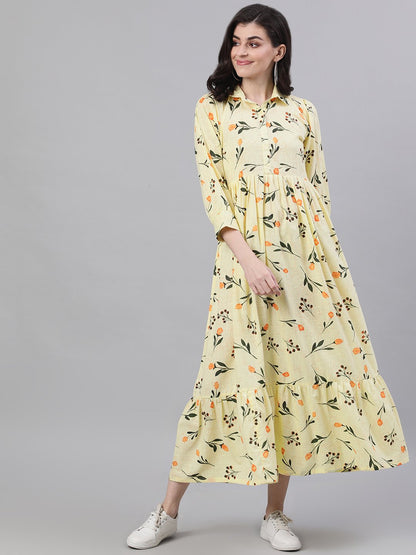 Women's Yellow Floral Printed Shirt Collar Cotton A-Line Dress