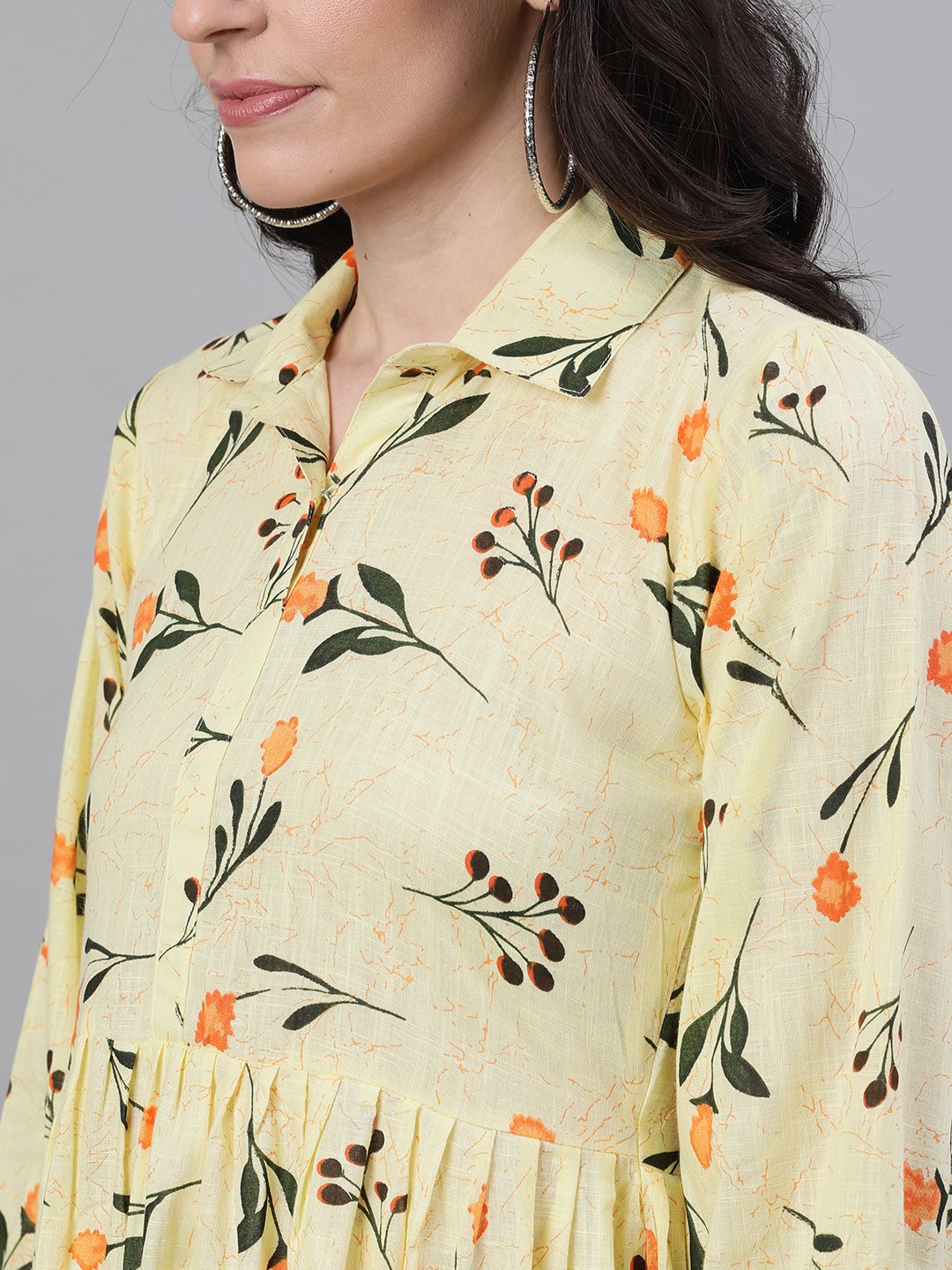 Women's Yellow Floral Printed Shirt Collar Cotton A-Line Dress