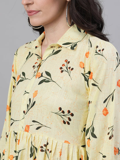 Women's Yellow Floral Printed Shirt Collar Cotton A-Line Dress