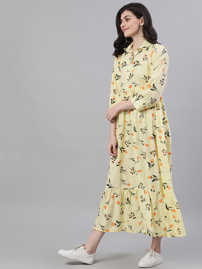 Women's Yellow Floral Printed Shirt Collar Cotton A-Line Dress
