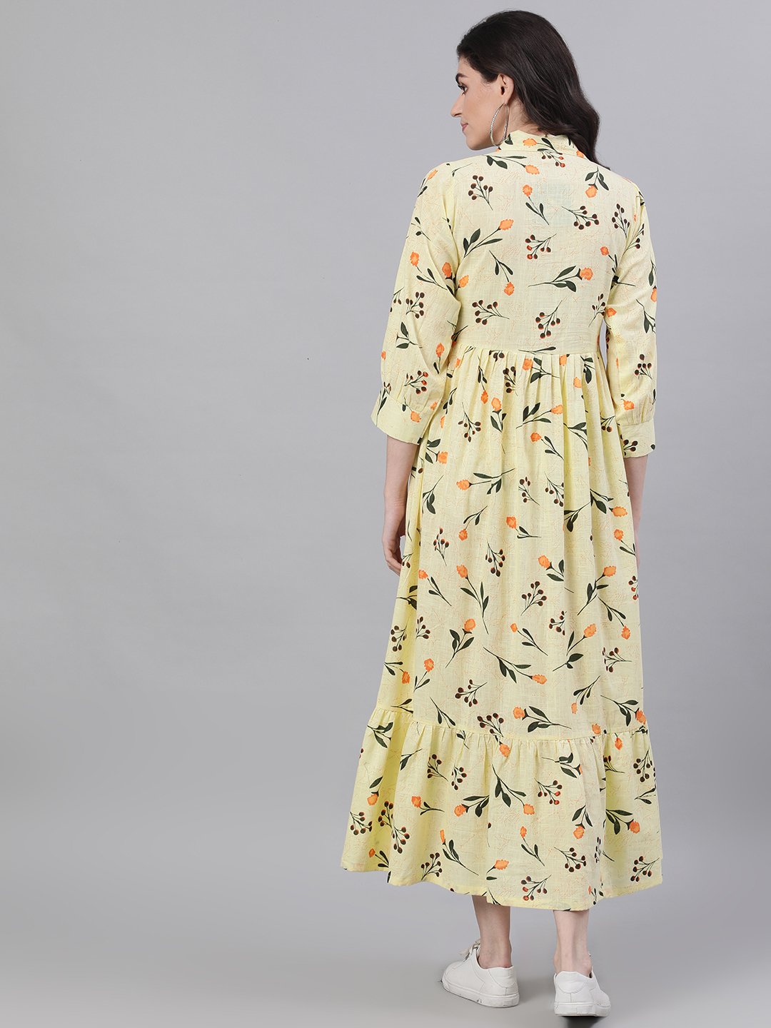 Women's Yellow Floral Printed Shirt Collar Cotton A-Line Dress