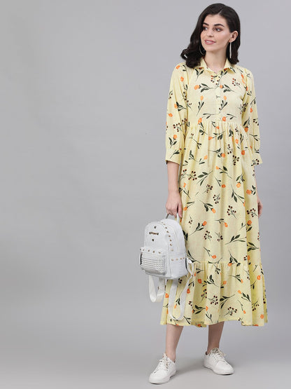 Women's Yellow Floral Printed Shirt Collar Cotton A-Line Dress