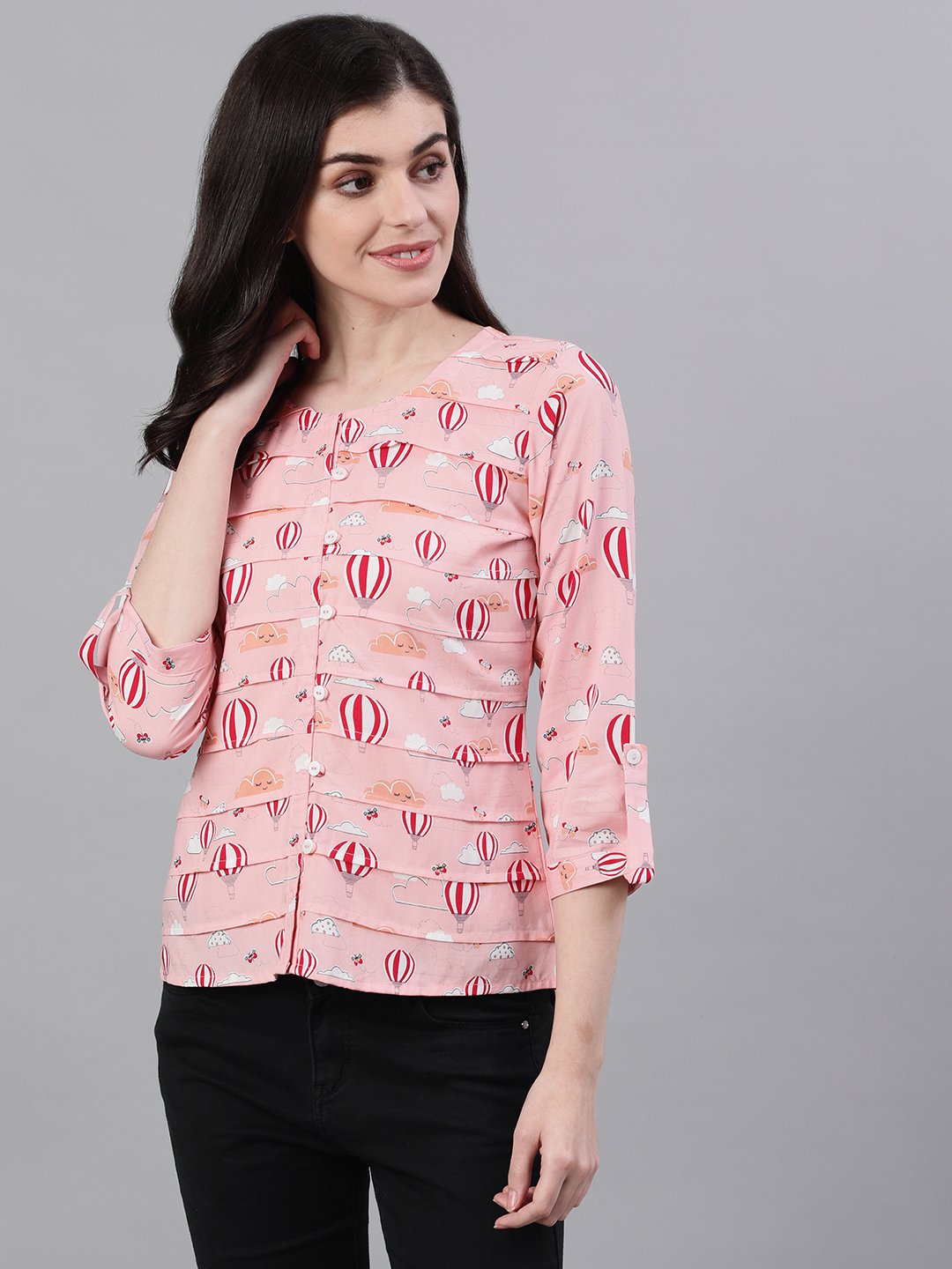 Women's Peach Three-Quarter Sleeves Gathered Or Pleated Top