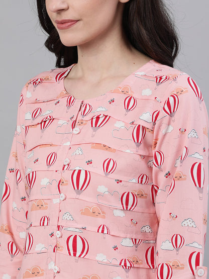 Women's Peach Three-Quarter Sleeves Gathered Or Pleated Top