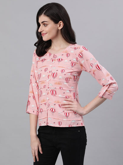 Women's Peach Three-Quarter Sleeves Gathered Or Pleated Top