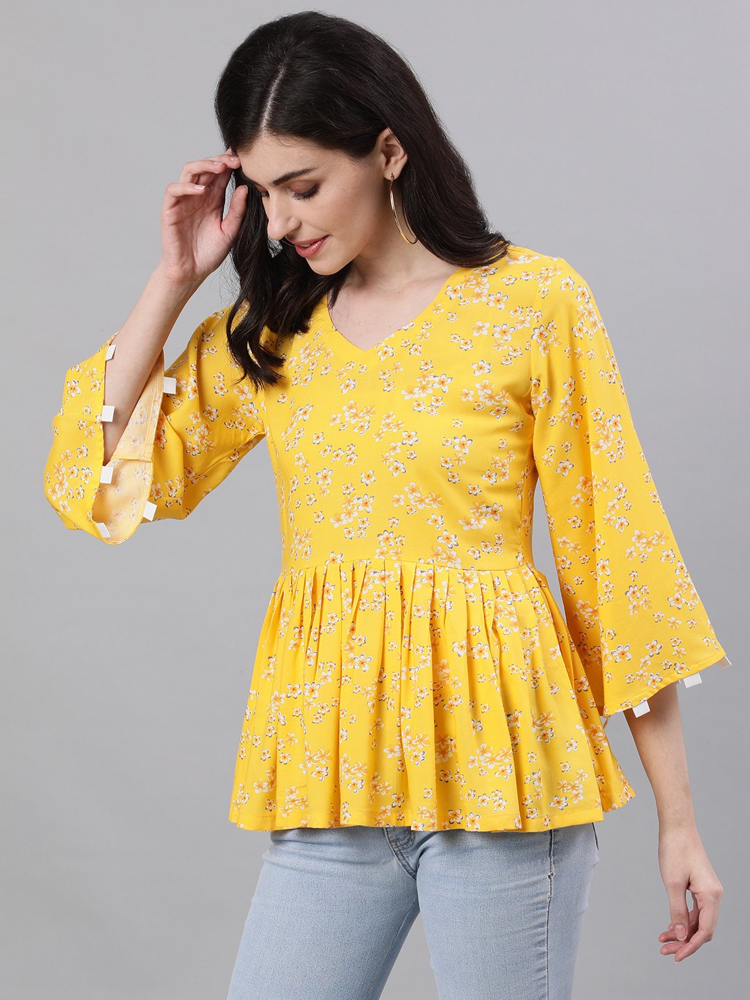 Women's Yellow Three-Quarter Sleeves Gathered Or Pleated Top
