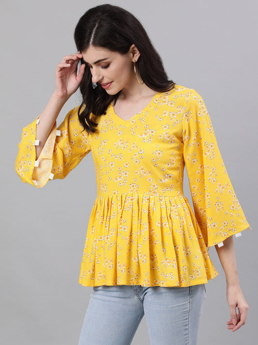 Women's Yellow Three-Quarter Sleeves Gathered Or Pleated Top