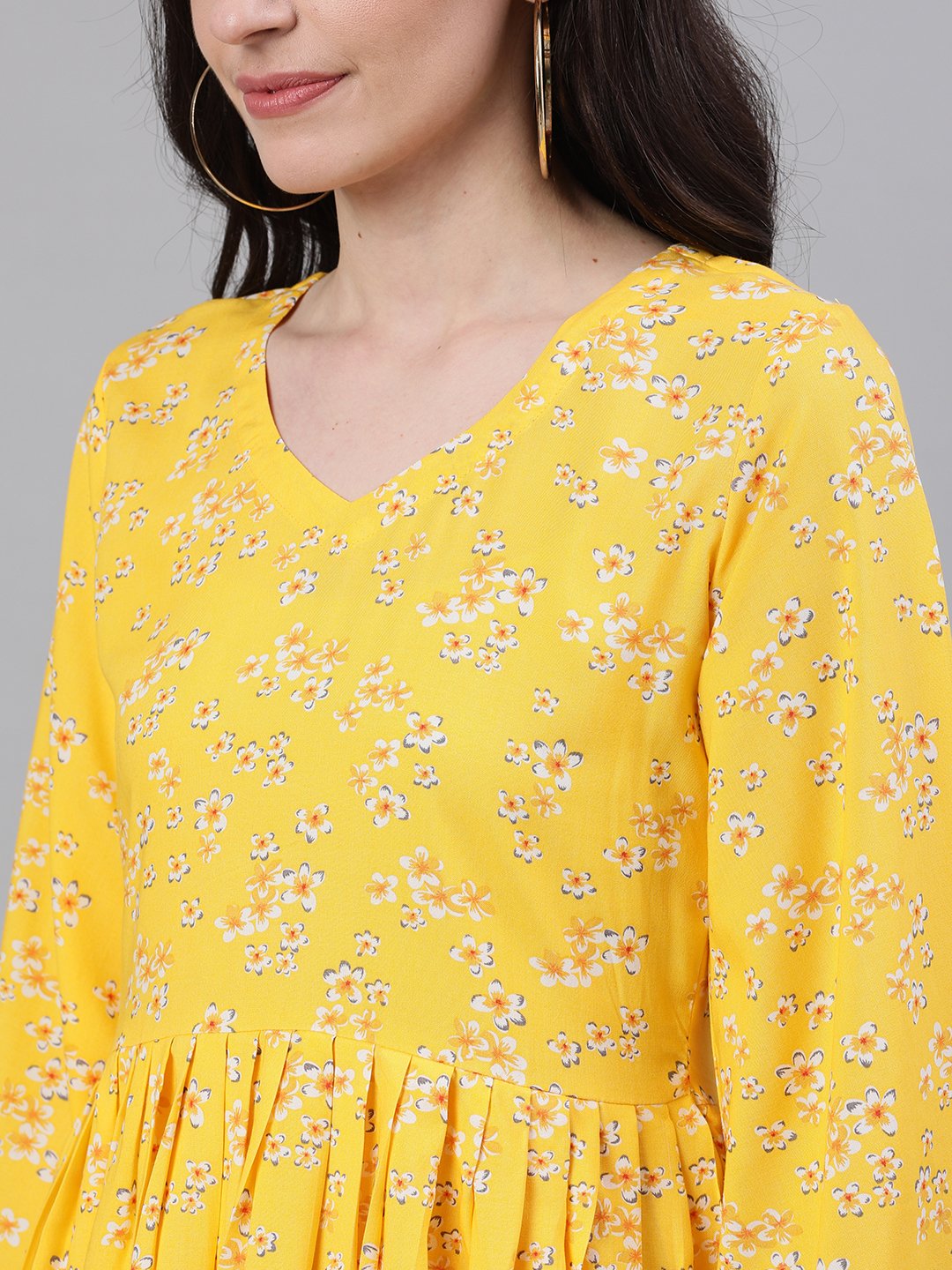 Women's Yellow Three-Quarter Sleeves Gathered Or Pleated Top